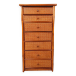 Commode chiffonnier semainier vintage en rotin, bois et cannage