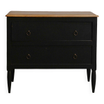 Commode noire � 2 tiroirs, plateau en bois brut et pied fusel�s