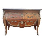 Commode style louis xv 2 tiroirs bomb�s bois marqueterie et bronze