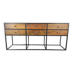 Console en bois ancien avec piètement en métal noir et 6 tiroirs Console en bois ancien avec piètement en métal noir et 6 tiroirs