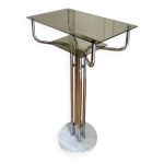 Console, guridon en mtal, marbre et verre fum, 1980