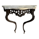 Console victorienne en demi - lune en mtal brun avec plateau en marbre blanc vein