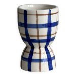 Coquetier en cramique, motif  carreaux bleu et beige
