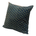 Coussin indien coton block print fleurs motif  foret  - vert / bleu