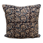 Coussin indien coton block print motif fleurs - bleu indigo