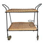 Desserte roulante osier et acier noir vintage