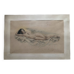 Dessin crayon et pastel xix papier : femme nue allonge sur un drap, sign adam (hugo ?), beaux arts