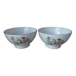 Deux bols pour petit djeuner en cramique beige mouchet avec un dcor de fleurs roses