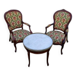 Deux fauteuils anciens style louis xv + table guridon en marbre