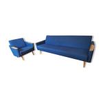 Duo 1 canapé daybed 1 fauteuil club année 50 60 bleu Duo 1 canapé daybed 1 fauteuil club année 50 60 bleu