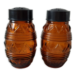 Duo de salire, poivrier en verre ambr annes 70