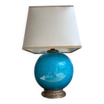 lgante lampe boule en cramique craquele turquoise, sur socle en br