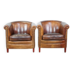 Ensemble de 2 fauteuils club en cuir de mouton cognac