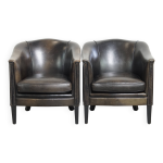 Ensemble de 2 fauteuils club en cuir de mouton noir / gris