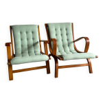 Ensemble de 2 fauteuils lounge vintage vert menthe rembourr�s avec cadres en bois couleur miel