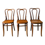Ensemble de 3 chaises bistrot en bois et cannage signes j. kohn, made in austria, xxme