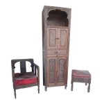 Ensemble 3 pièces meuble, fauteuil et pouf bois sculpté Ensemble 3 pièces meuble, fauteuil et pouf bois sculpté