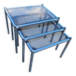 Ensemble de 3 tables basses gigognes verre chrome vintage 70s 1970