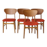 Ensemble de 4 chaises de salle à manger danoises teck et chêne, années 1960, revêtement rouge - orange ... Ensemble de 4 chaises de salle à manger danoises teck et chêne, années 1960, revêtement rouge - orange ...