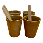 Ensemble de 4 tasses verres gobelets en grs digoin et cuillres en bois