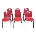 Ensemble de 6 chaises s30 galvanitas rouge framboise et gris annes 70