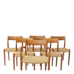 Ensemble de 6 chaises de salle � manger niels m�ller mod�les 77 et 57, teck, corde danoise