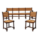 Ensemble banc et 2 chaises en chne massif et paille travail franais 1940