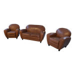 Ensemble canap 2 places et 2 fauteuils club en simili cuir camel 1980's