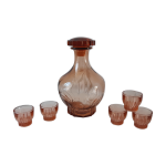 Ensemble carafe et 5 verres  liqueur en verre rose art dco