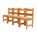 Ensemble de chaises des annes 70 en bois de pin avec sige de paille