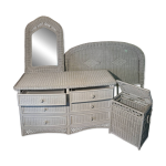 Ensemble chambre rotin blanc : commode, miroir, lit, panier Ensemble chambre rotin blanc : commode, miroir, lit, panier