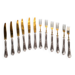 Ensemble  dessert 6 couteaux et 6 fourchettes mtal argent + crin c729 s