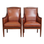 Ensemble majestueux et luxueux de 2 fauteuils design art déco en cuir de vachette couleur cognac Ensemble majestueux et luxueux de 2 fauteuils design art déco en cuir de vachette couleur cognac