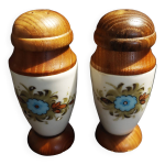 Ensemble paire salière poivrière vintage céramique et bois Ensemble paire salière poivrière vintage céramique et bois
