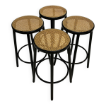 Ensemble de quatre tabourets de bar vintage - sangles et bois, design italien, annes 1980