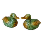 Ensemble salire et poivrire en forme de canards barbotine verts et jaunes vintage