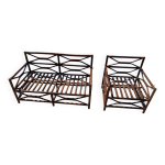 Ensemble salon de jardin une banquette et un fauteuil en bois vintage
