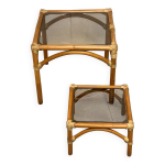 Ensemble de tables basses en rotin et verre fum�
