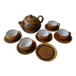 Ensemble th�i�re + 5 tasses + 6 soucoupes en c�ramique sign� cb (signature a identifier)