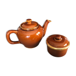Ensemble théière et sucrier en céramique émaillée marron avec contour doré Ensemble théière et sucrier en céramique émaillée marron avec contour doré