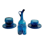 Ensemble verrerie en verre souffl� bleu cobalt carafe + 4 verres + 3 bols + 4 soucoupes