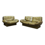 Ensemble vintage canap� + fauteuil cuir henry sooner vert olive, 1970 - 80