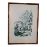 Magnifique estampe (lithographie / aquarelle) scne de village provena
