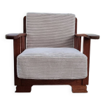 Fauteuil art dco chne massif velours ctel blanc cass 1950