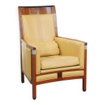 Fauteuil art d�co en cuir jaune � dossier haut