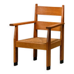 Fauteuil art d�co de l'�cole de la haye en ch�ne massif et paille, ann�es 1930