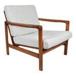 Fauteuil boucl� original, vintage, restaur�, blanc, teck