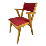 Fauteuil bridge annes 50, bois et simili cuir rouge