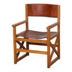 Fauteuil bridge vintage en bois massif et cuir, 1980