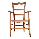 Fauteuil de campagne ancien en bois et paille